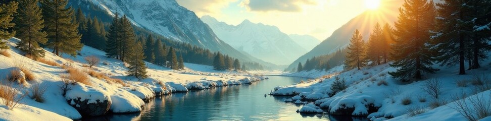 Imagen de un valle verde con r?os y monta?as cubiertas de nieve y iluminadas por el sol a mediod?a, snow-capped mountains, river