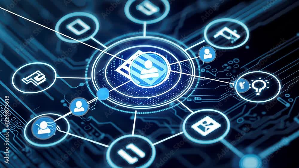 Poster Digital Interface with Icons and Circuit Patterns