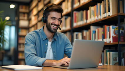 Smiling young man with wireless headset studies e learning on laptop in library taking notes watching webinar online course video call concept as Young man in library with wireless headset studying e 