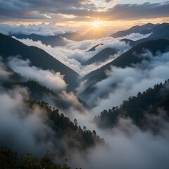 A breathtaking mountain valley covered in thick, rolling mist, with the golden light of sunrise piercing through the clouds, creating an ethereal and mysterious atmosphere
