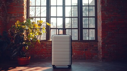 Suitcase in loft, city view, sunlit room, travel prep