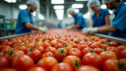 Flat Workers inspecting fresh tomatoes in food processing facility illustrating quality control and agricultural efficiency perfect for food industry and agriculture themes concept as Workers inspecti