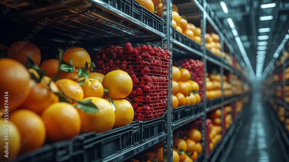 Poster brightly lit warehouse contains shelves filled with oranges and raspberries, illustrating efficient 