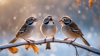 Fototapeta premium Three amusing birds perched on a branch during winter