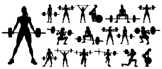 Woman Weightlifting Silhouette Set Barbell Exercise Graphic Collection