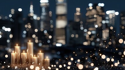 Close-up of a golden line chart against a dark backdrop, highlighting market trends above a blurred city skyline at night
