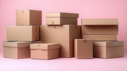 Fototapeta premium Stacked cardboard boxes arranged against a pink backdrop for shipping and storage purposes