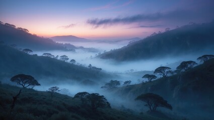 Naklejka premium A misty mountain landscape shrouded in mystery is illuminated by soft light at dusk.
