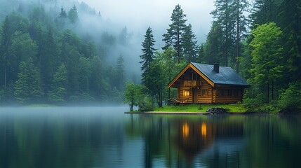 Fototapeta premium Misty Lakeside Cabin in the Woods