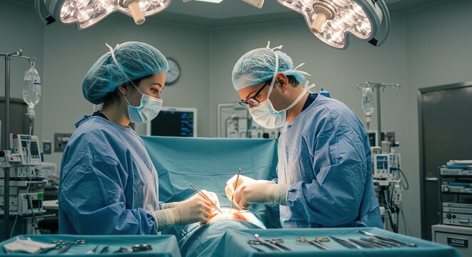 A young student observes a surgeon in the operating room, learning a medical procedure.