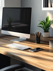 Fototapeta premium A clean and organized modern office desk with a beautiful woodgrain top, featuring a computer monitor, a keyboard, a smartphone, and a pencil holder. The desk exudes a sense of productivity and style