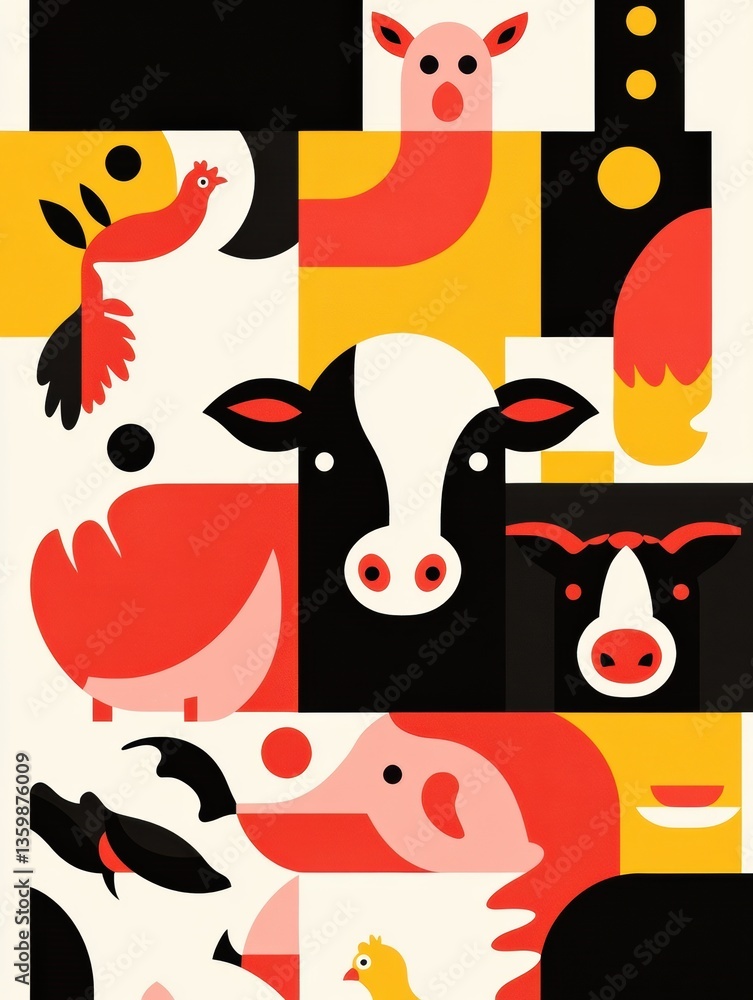 Poster cute geometric illustration featuring cows, pigs, and chickens with vibrant colors and modern design