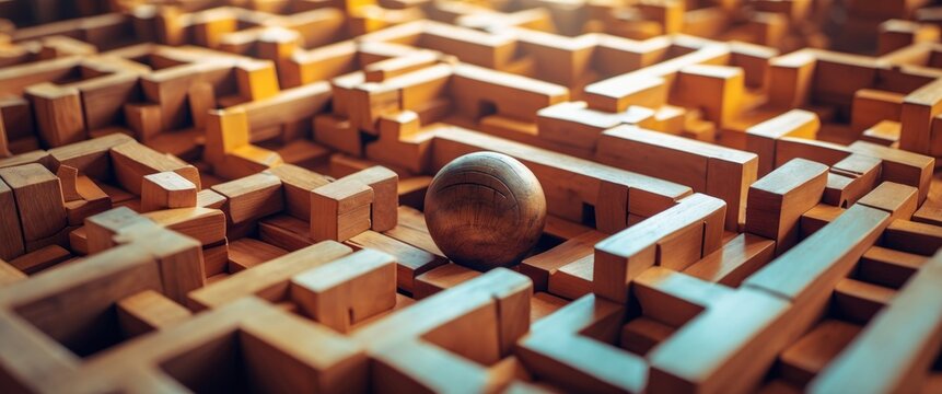 Wood ball and a maze constructed from blocks, perplexing scenario, intricate issue, locate the correct path to navigate through.