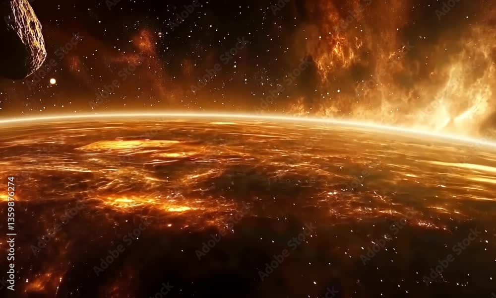 Poster stunning video of asteroid drifting through space with stars and nebulae highlighted made with gener