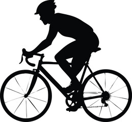 Fototapeta premium Cyclist Silhouette Biker in Helmet Riding Bicycle, Isolated Black Shape, Action Shot