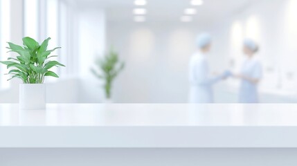 Minimalist Medical Workspace, organized patient notes on a sleek counter, blurred professionals collaborating, embodying teamwork, clarity, and reliability in a clean, professional setting.