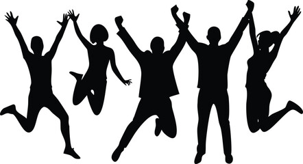 Dynamic Silhouettes of Diverse People Jumping with Joy on White Background, Arms Raised