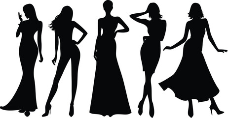 Elegant Women Silhouettes Collection, Fashionable Poses, Dresses, Isolated on White