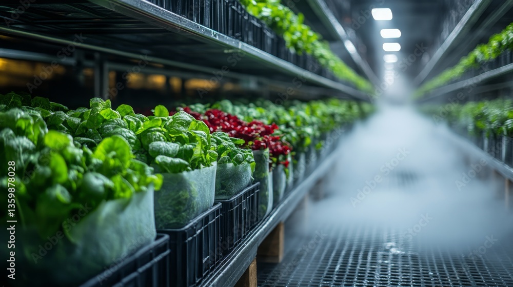Poster rows of fresh produce are organized in a well structured cold storage facility. advanced refrigerati