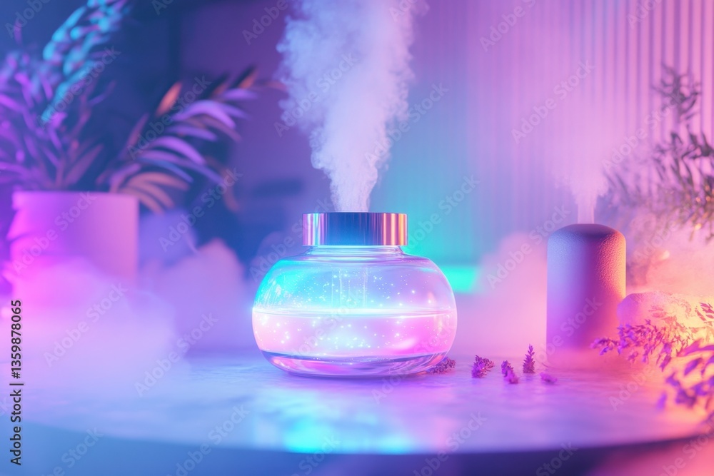 Poster colorful diffuser creating steam in a modern indoor setting at night with ambient lighting