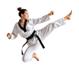 Female Taekwondo athlete demonstrating a mid-air flying kick