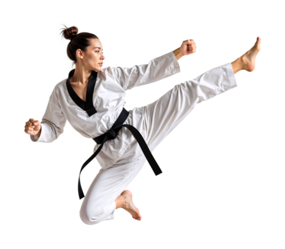 Female Taekwondo athlete demonstrating a mid-air flying kick