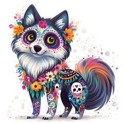 Fototapeta premium Charming digital illustration of a colorful wolf adorned with flowers and festive decorations