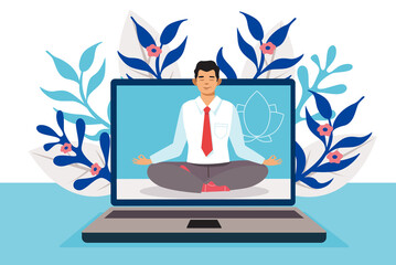 Businessman meditating inside laptop screen for mindfulness and stress relief. Flat vector illustration