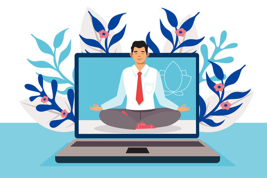 Businessman meditating inside laptop screen for mindfulness and stress relief. Flat vector illustration