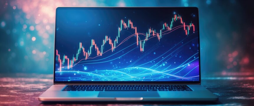 Trading chart shown on a laptop screen. Trend line in a candlestick format.