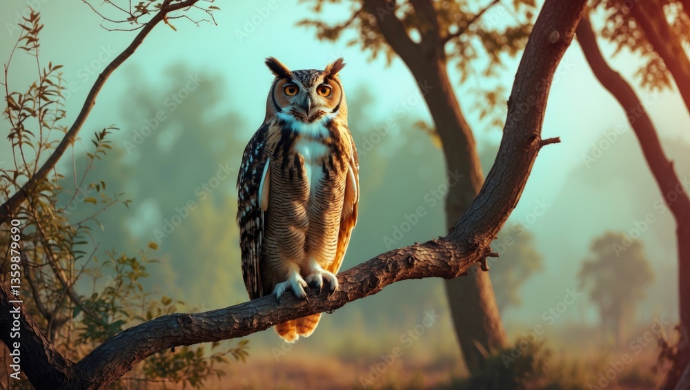 Poster a long-eared owl rests on a tree branch with a hazy backdrop. owl in its natural habitat.