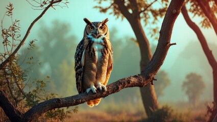 Obraz premium A long-eared owl rests on a tree branch with a hazy backdrop. Owl in its natural habitat.