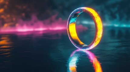 A glowing, iridescent ring stands on a dark, reflective surface.