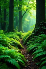 Fototapeta premium Lush ferns carpet the forest floor with vibrant greens, forest floor, nature
