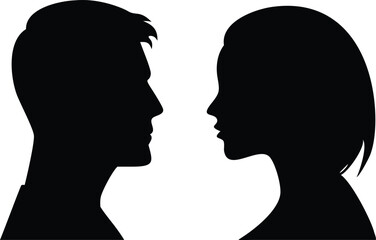 Man and Woman Silhouette Profiles Facing Each Other. Black and White, Minimalist Design