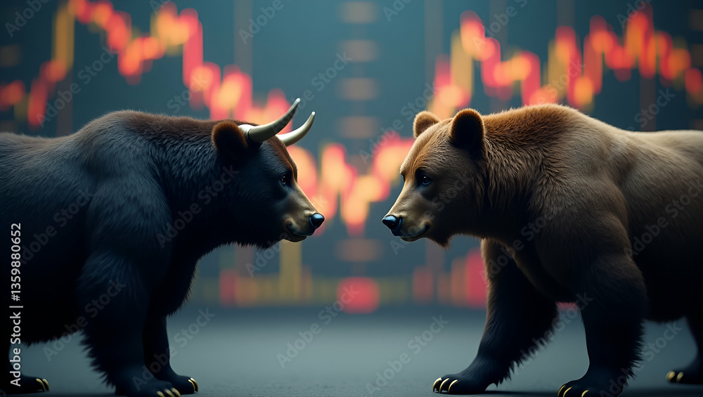 Poster bull vs bear in suits: a generative ai illustration of stock market trends with empty space for cust
