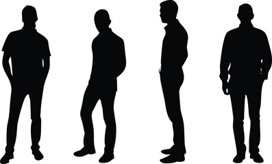 Men Silhouettes Standing, Business Casual Attire, Full Body Poses, Isolated on White