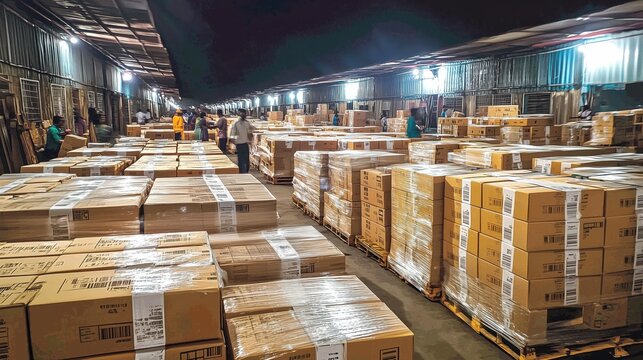 Warehouse workers organize and manage packed boxes during nighttime operations in a large storage facility