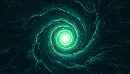 Glowing swirling vortex of green and teal energy with radiant core emitting dynamic light and spiraling particles