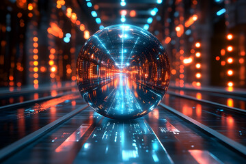 Fototapeta premium Futuristic reflective sphere in a vibrant, illuminated corridor with glowing lines and patterns