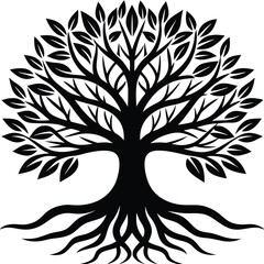 Ornate Black Tree Silhouette Interconnected Branches, Deep Roots, Circular Design