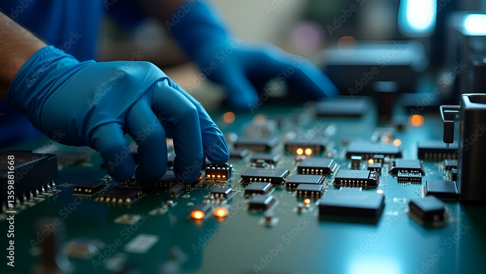 Poster flat worker in gloves testing electronic components with specialized equipment: ensuring quality ver