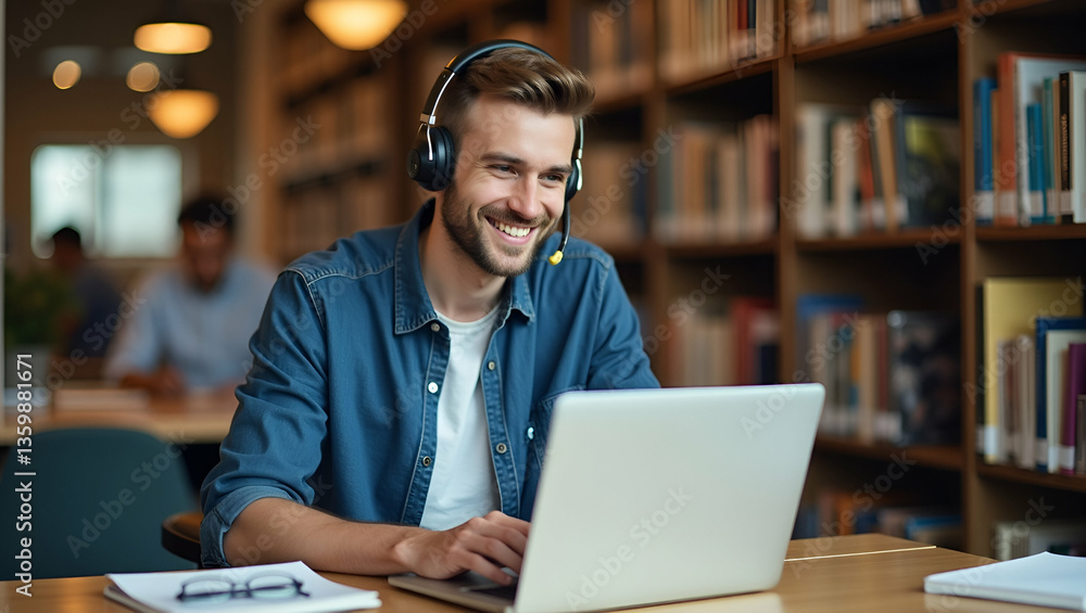 Poster smiling young man with wireless headset studies e learning on laptop in library taking notes watchin