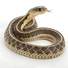 Fototapeta premium Venomous serpent with striking scales, a macro shot of its head and flickering tongue against a stark white backdrop
