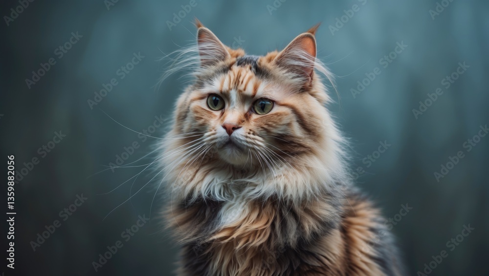 Poster a fluffy cat with an unusual expression is depicted against a backdrop. a female calico or tortie wi