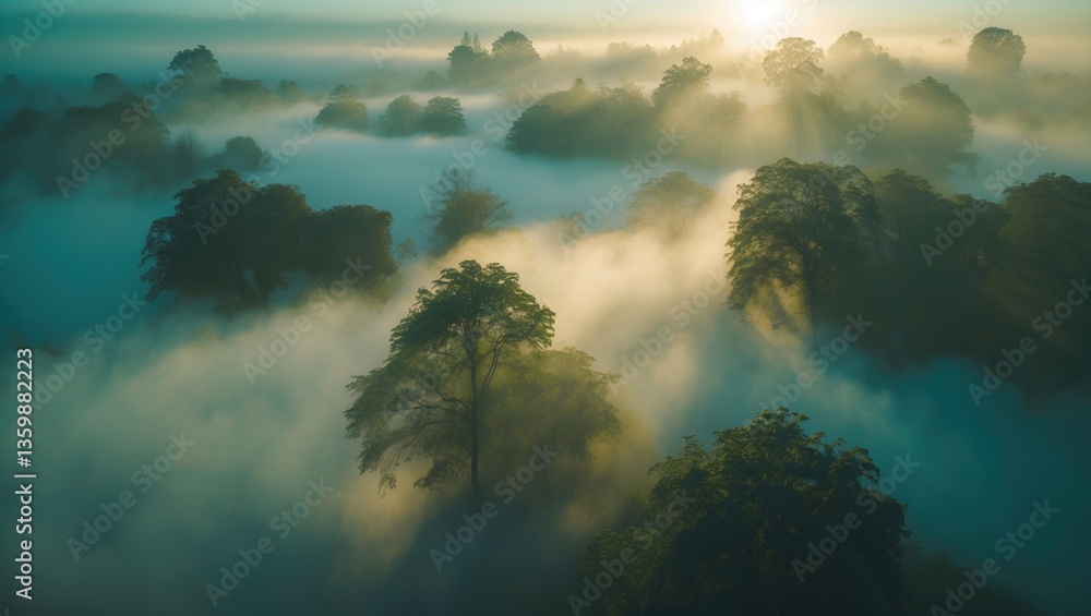 Poster an aerial perspective of light and shadows amid the mist. the fog and trees allow the first rays of 