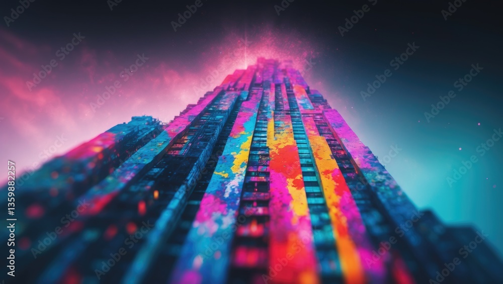 Poster an artistic representation of a remote skyscraper.