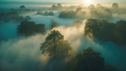An aerial perspective of light and shadows amid the mist. The fog and trees allow the first rays of sunshine to penetrate.