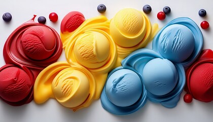 Colorful scoops of ice cream arranged with vibrant toppings on a white surface for a sweet summer delight
