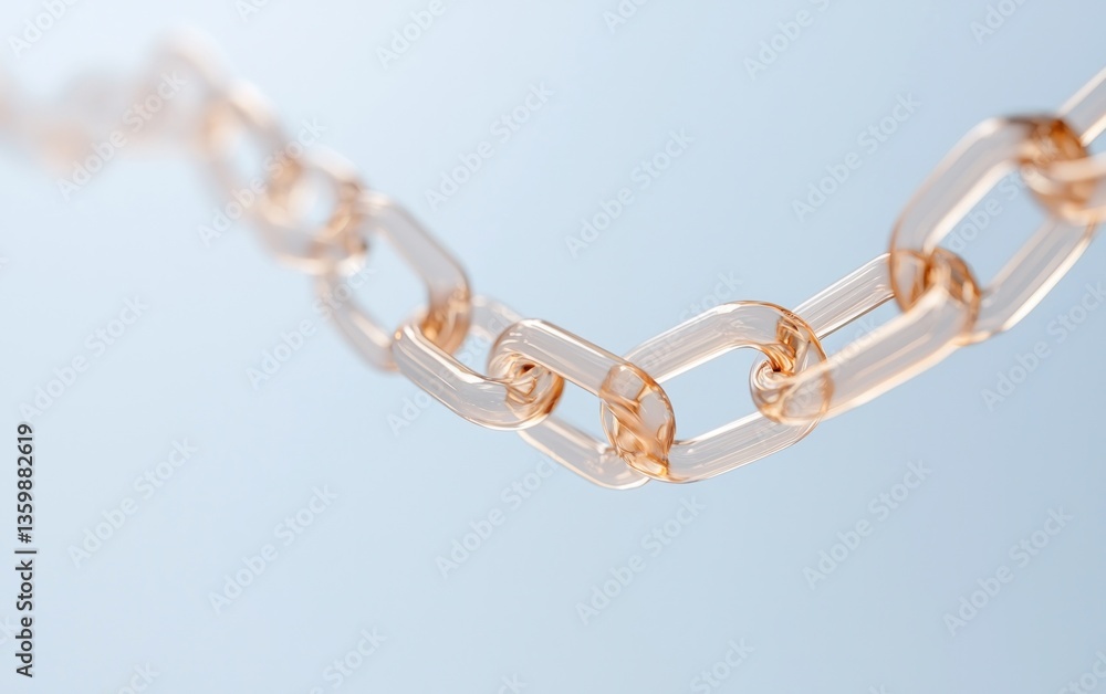 Poster abstract image of a translucent amber chain against a light blue background. the chain is gently cur